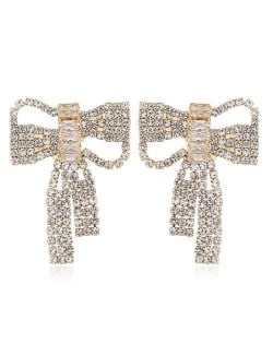 Shing Rhinestone Korean Fashion Elegant Bowknot Women Alloy Earrings - Golden