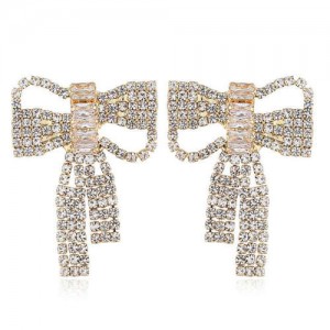 Shing Rhinestone Korean Fashion Elegant Bowknot Women Alloy Earrings - Golden