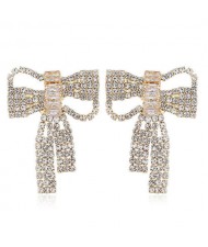 Shing Rhinestone Korean Fashion Elegant Bowknot Women Alloy Earrings - Golden