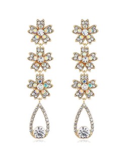 Shing Flowers Cluster and Waterdrop Dangling Fashion Women Alloy Earrings - Golden
