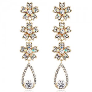 Shing Flowers Cluster and Waterdrop Dangling Fashion Women Alloy Earrings - Golden