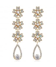 Shing Flowers Cluster and Waterdrop Dangling Fashion Women Alloy Earrings - Golden