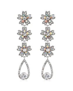 Shing Flowers Cluster and Waterdrop Dangling Fashion Women Alloy Earrings - Silver