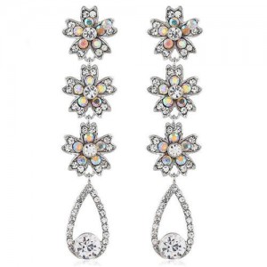 Shing Flowers Cluster and Waterdrop Dangling Fashion Women Alloy Earrings - Silver