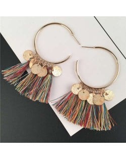 Cotton Threads Tassel and Alloy Rounds Tassel Design Hoop Fashion Women Earrings - Multicolor