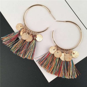 Cotton Threads Tassel and Alloy Rounds Tassel Design Hoop Fashion Women Earrings - Multicolor