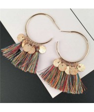 Cotton Threads Tassel and Alloy Rounds Tassel Design Hoop Fashion Women Earrings - Multicolor