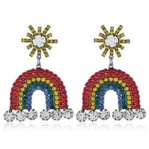 Rhinestone Embellished Rainbow Design Korean Fashion Women Alloy Earrings