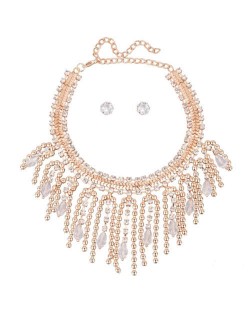 Shining Rhinestone Decorated Tassel Style Women Choker Statement Necklace and Earrings Set