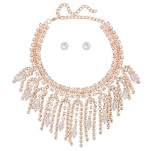 Shining Rhinestone Decorated Tassel Style Women Choker Statement Necklace and Earrings Set