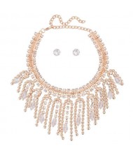Shining Rhinestone Decorated Tassel Style Women Choker Statement Necklace and Earrings Set
