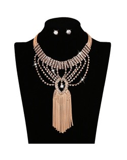 Rhinestone Inlaid Hollow Floral Design Long Chains Tassel Golden Women Necklace and Earrings Set