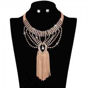 Rhinestone Inlaid Hollow Floral Design Long Chains Tassel Golden Women Necklace and Earrings Set