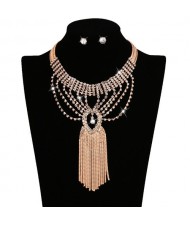 Rhinestone Inlaid Hollow Floral Design Long Chains Tassel Golden Women Necklace and Earrings Set