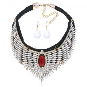 Rhinestone Embellished Wings Design Women High Fashion Costume Bib Necklace and Earrings Set