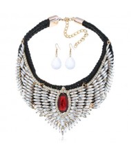 Rhinestone Embellished Wings Design Women High Fashion Costume Bib Necklace and Earrings Set