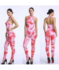 High Fashion Flower Printing Style Women One-piece Pants Suit - Red