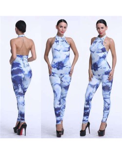 High Fashion Flower Printing Style Women One-piece Pants Suit - Blue