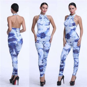 High Fashion Flower Printing Style Women One-piece Pants Suit - Blue