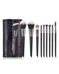 10 pcs Crocodile Scale Design Handle Short Fashion Makeup Brushes Bag Set - Black