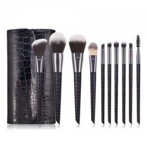 10 pcs Crocodile Scale Design Handle Short Fashion Makeup Brushes Bag Set - Black