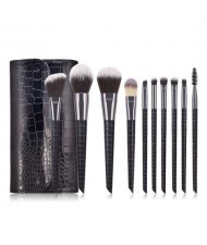 10 pcs Crocodile Scale Design Handle Short Fashion Makeup Brushes Bag Set - Black