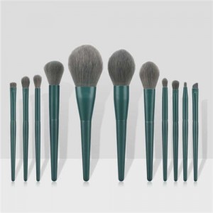 11 pcs Solid Color Wooden Handle Cosmetic Women Makeup Brushes Set - Ink Green