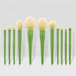 11 pcs Solid Color Wooden Handle Cosmetic Women Makeup Brushes Set - Grass Green