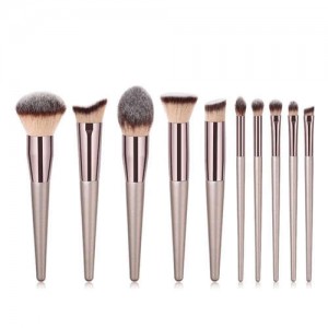 10 pcs Champagne Gold Premium Quality Wooden Handle Women Makeup Brushes Set