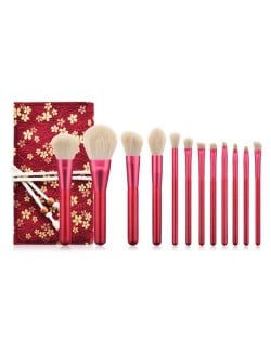 12 pcs Ruby Color Wooden Handle High Fashion Women Cosmetic Makeup Brushes Bag Set