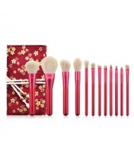 12 pcs Ruby Color Wooden Handle High Fashion Women Cosmetic Makeup Brushes Bag Set