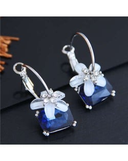 Flower Attached Ink Blue Gem Pendant Korean Fashion Women Ear Clips