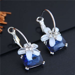 Flower Attached Ink Blue Gem Pendant Korean Fashion Women Ear Clips
