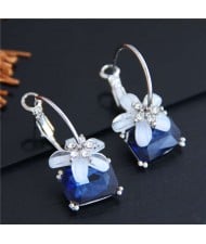 Flower Attached Ink Blue Gem Pendant Korean Fashion Women Ear Clips