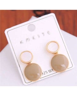 Korean Fashion Oil-spot Glaze Round Dangling Women Alloy Costume Earrings - Khaki