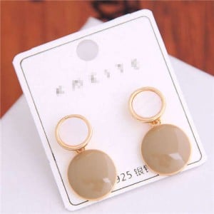 Korean Fashion Oil-spot Glaze Round Dangling Women Alloy Costume Earrings - Khaki
