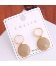 Korean Fashion Oil-spot Glaze Round Dangling Women Alloy Costume Earrings - Khaki