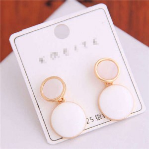 Korean Fashion Oil-spot Glaze Round Dangling Women Alloy Costume Earrings - White