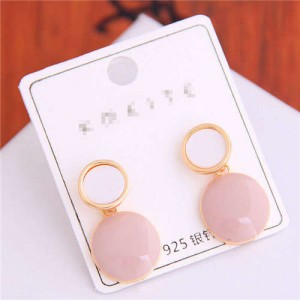 Korean Fashion Oil-spot Glaze Round Dangling Women Alloy Costume Earrings - Pink