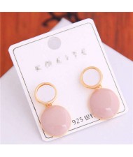 Korean Fashion Oil-spot Glaze Round Dangling Women Alloy Costume Earrings - Pink