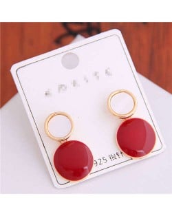 Korean Fashion Oil-spot Glaze Round Dangling Women Alloy Costume Earrings - Red