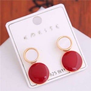 Korean Fashion Oil-spot Glaze Round Dangling Women Alloy Costume Earrings - Red