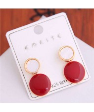 Korean Fashion Oil-spot Glaze Round Dangling Women Alloy Costume Earrings - Red