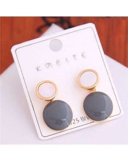 Korean Fashion Oil-spot Glaze Round Dangling Women Alloy Costume Earrings - Gray