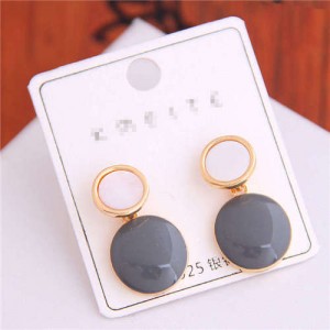 Korean Fashion Oil-spot Glaze Round Dangling Women Alloy Costume Earrings - Gray