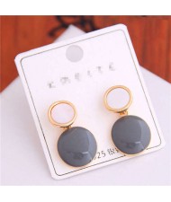 Korean Fashion Oil-spot Glaze Round Dangling Women Alloy Costume Earrings - Gray