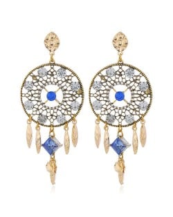 Rhinestone Embellished Hollow Floral Round Dangling with Tassel Design Women Alloy Statement Earrings