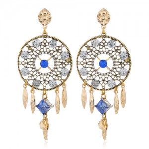 Rhinestone Embellished Hollow Floral Round Dangling with Tassel Design Women Alloy Statement Earrings