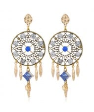 Rhinestone Embellished Hollow Floral Round Dangling with Tassel Design Women Alloy Statement Earrings