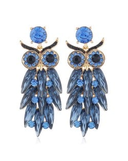 Shining Rhinestone Ink Blue Night Owl Design High Fashion Women Alloy Statement Earrings